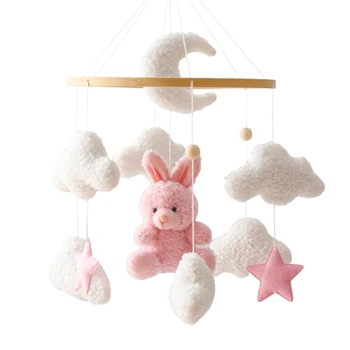 Herfair Mobile Baby Bettglocke mit Mond, Wolken, Kaninchen Hängende Mobile Windspiel für Babybett Kinderbett Geschenk für Neugeborene (Rosa) von Herfair