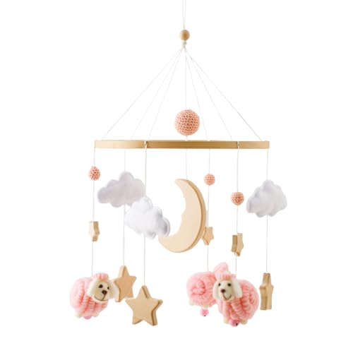 Herfair Mobile Baby Bettglocke mit Sterne Mond Schafe Hölz Mädchen Hängende Mobile Windspiel für Babybett Kinderbett (Rosa) von Herfair