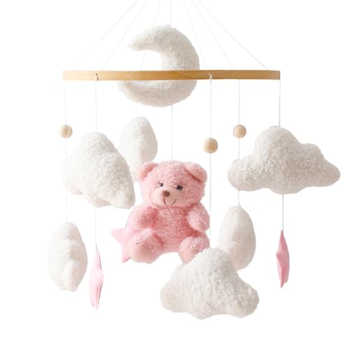 Herfair Mobile Baby Bettglocke mit Teddybär Hölz Mädchen Hängende Mobile Windspiel für Babybett Kinderbett (Rosa) von Herfair