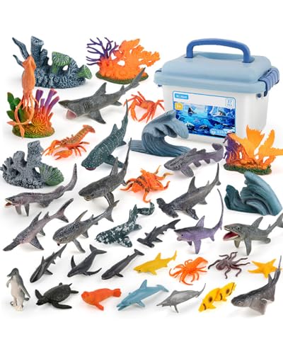 Herfair Tiere Figuren Mini Meerestiere Figuren Spielzeug Set Realistischte Hai Wal Tierfiguren Wassertiere Lernspielzeug Geschenke für Kinder (37 Stück) von Herfair