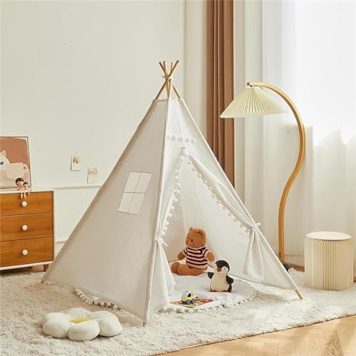 Herfair Tipi Zelt für Kinder Spielhaus Kinderzimmer Spielzelt mit Filzkugel Mehrere Farben Segeltuch Tipizelt Indoor Lesezelt&Spielzimmer Babyzimmer Deko für Kleinkinder 3-6 Jahre (Weiß) von Herfair