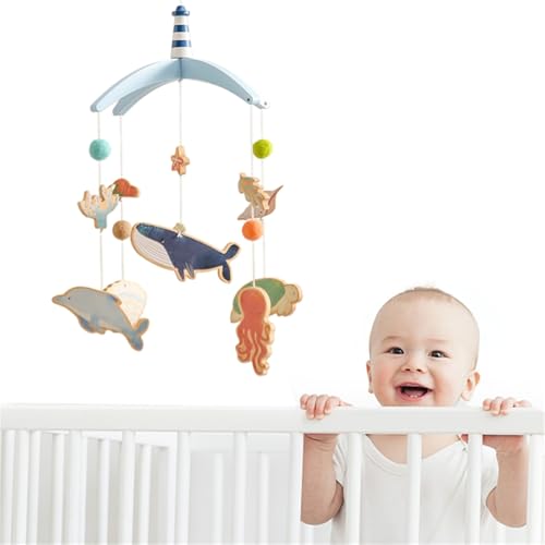 Holz Meer Welt Mobile Baby Windspiele, 3D Blauwal Delphine Mobile Baby Holz mit Filzbällen, Mobile Baby Mädchen Bettglocke Anhänger für Babybett Jungen und Mädchen (1) von Herfair