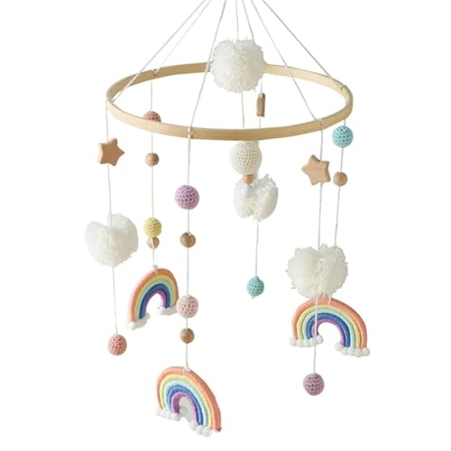 Mobile Baby Windspiele Regenbogen, Holz mit Filzbällen 3D Regenbogen, Bettglocke Anhänger für Babybett Jungen und Mädchen (Regenbogen 1) von Herfair