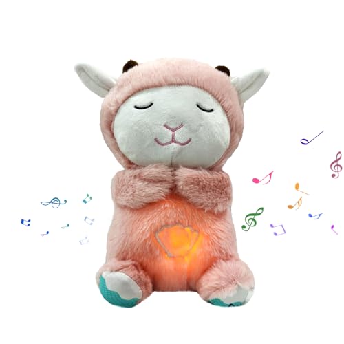 Schlummer Schaf Plüschtier Schlummer Otter Kuscheltier mit Herzschlag Musik und Licht, Baby Erstausstattung Neugeborene, Kuscheltier-Geschenke 32cm (Rosa) von Herfair