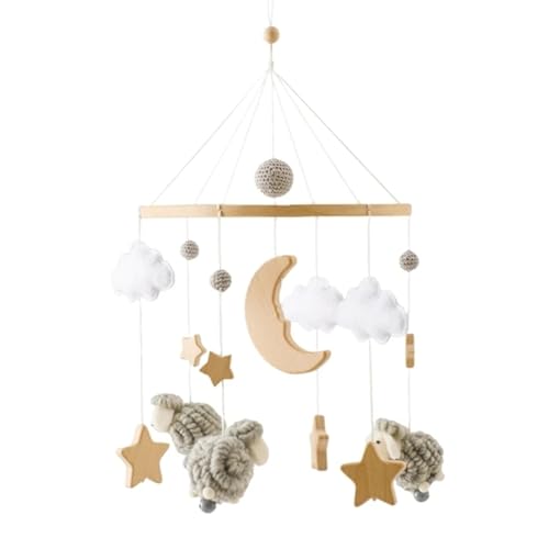 Tiere Mobile Baby Windspiele, Stern Mond Lamm Mobile Baby Holz mit Filzbällen, Mobile Baby Mädchen Bettglocke Anhänger für Babybett Jungen und Mädchen (Grau) von Herfair