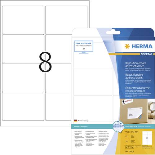 Herma 10018 Adress-Etiketten 99.1 x 67.7mm Papier Weiß 200 St. Wiederablösbar Tintenstrahldrucker, von Herma