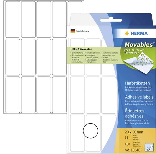 Herma 10610 Universal-Etiketten 20 x 50mm Papier Weiß 480 St. Wiederablösbar Handbeschriftung von Herma