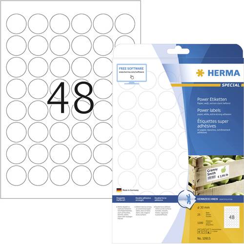 Herma 10915 Kraftkleber-Etiketten Ø 30mm Papier Weiß 1200 St. Permanent haftend Tintenstrahldrucke von Herma