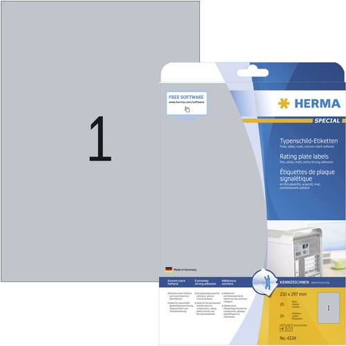 Herma 4224 Typenschild-Etiketten 210 x 297mm Polyester-Folie Silber 25 St. Permanent haftend Laserdr von Herma