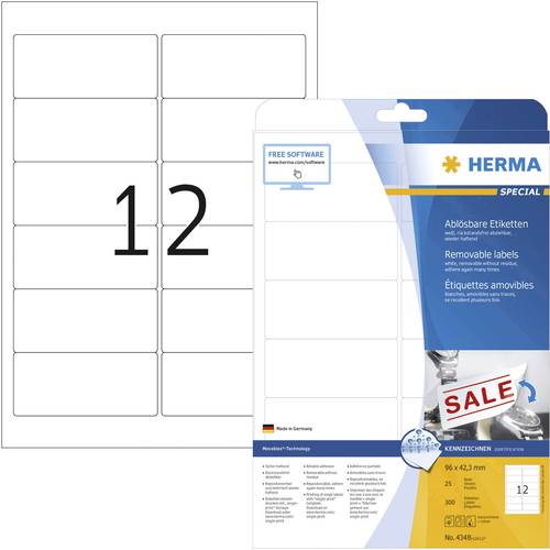 Herma 4348 Universal-Etiketten 96 x 42.3mm Papier Weiß 300 St. Wiederablösbar Tintenstrahldrucker, von Herma