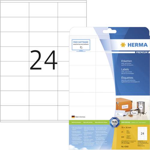 Herma 4360 Universal-Etiketten 70 x 36mm Papier Weiß 600 St. Permanent haftend Tintenstrahldrucker, von Herma