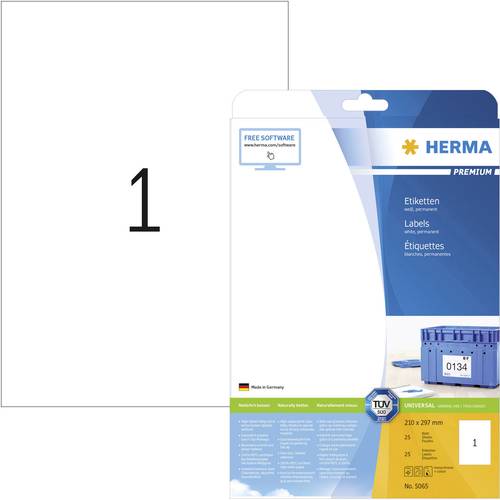 Herma 5065 Universal-Etiketten 210 x 297mm Papier Weiß 25 St. Permanent haftend Tintenstrahldrucker von Herma