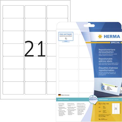 Herma 5074 Adress-Etiketten 63.5 x 38.1mm Papier Weiß 525 St. Wiederablösbar Tintenstrahldrucker, von Herma