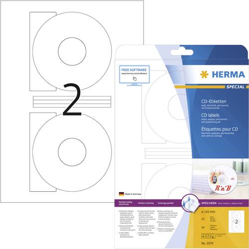 Herma 5079 CD-Etiketten Ø 116mm Papier Weiß 50 St. Permanent haftend Tintenstrahldrucker, Laserdru von Herma