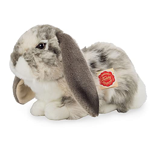 Teddy Hermann 93797 Hase Widder-Kaninchen liegend grau-Weiss gescheckt 30 cm, Kuscheltier, Plüschtier mit recycelter Füllung von Hermann Teddy