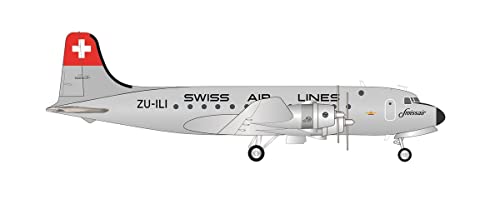 herpa Modellflugzeug Swissair Douglas DC-4 – ZU-ILI, Miniatur im Maßstab 1:200, Sammlerstück, Modell mit Standfuß, Metall, Silber, Mehrfarbig von herpa