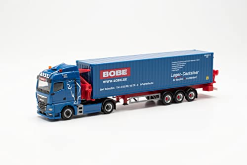 Herpa LKW Modell Man TGX GM Container-Seitenlader „Bobe Spedition“, originalgetreu im Maßstab 1:87, Modell LKW für Diorama, Modellbau Sammlerstück, Deko Miniaturmodelle aus Kunststoff von herpa