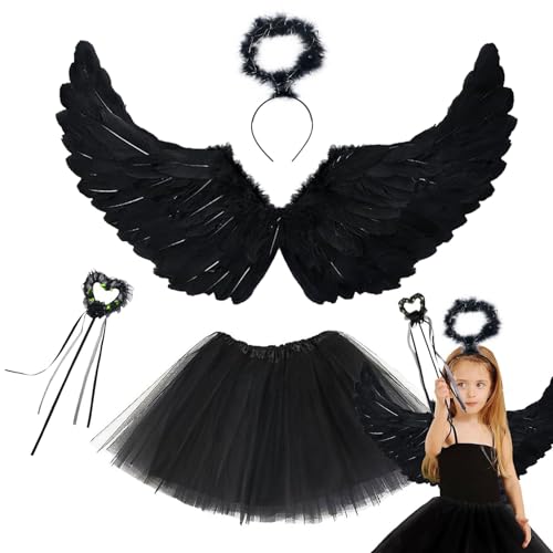 Herspany 4PCS Engelsflügel,60cm Flügel Schwarz Engel Kostüm,Halloween Kostüm Engel mit Heiligenschein,Zauberstab und Schwarz Rock,Halloween Kostüm für Halloween Karnevals Party von Herspany