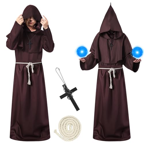 Herspany Priester Kostüm Herren,Mönch Kostüm mit Halskette und Gürtel, Mönchskutte mit Kapuze,Priester Kostüm Karneva Kostüme für Cosplay, Maskerade, Karneva von Herspany