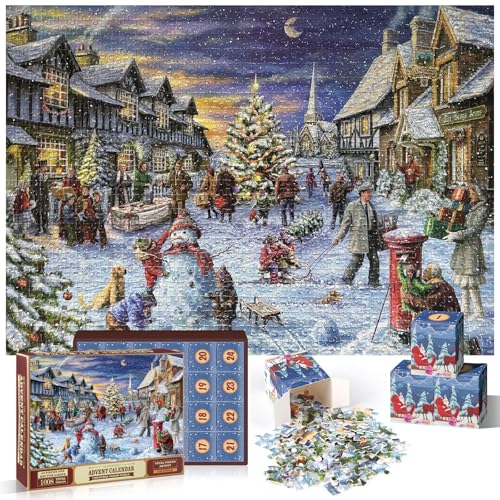 Herspany Puzzle Adventskalender,Adventskalender 2024,Weihnachten Puzzle 1008 Teile,24 Kasten,70 x 50 cm Adventskalender 2024 Kinder Puzzle,Countdown bis Weihnachten Puzzle für Kinder und Erwachsene von Herspany