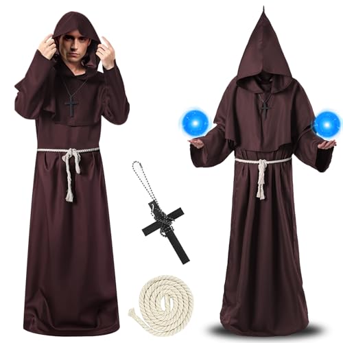 Herspany Priester Kostüm,Mönchskostüme Robe,Herren Kapuze Mönch Robe Priester Kostüm,Mönch Robe mit Halskette Und Gürtel, Halloween-Kostüme für Cosplay,Erwachsene, Maskerade,Karneval von Herspany