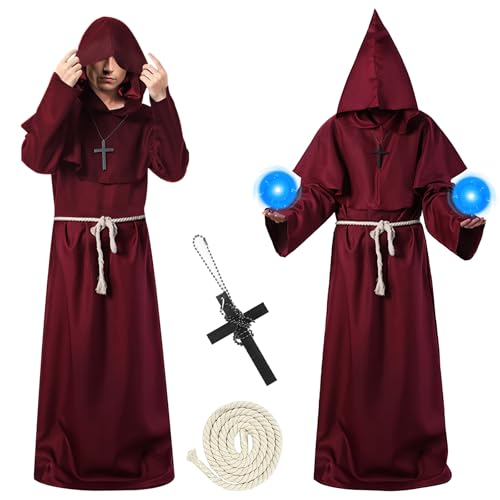 Priester Kostüm,Mönchskostüme Robe,Herren Kapuze Mönch Robe Priester Kostüm,Mönch Robe mit Halskette Und Gürtel, Halloween-Kostüme für Cosplay,Erwachsene, Maskerade,Karneval von Herspany