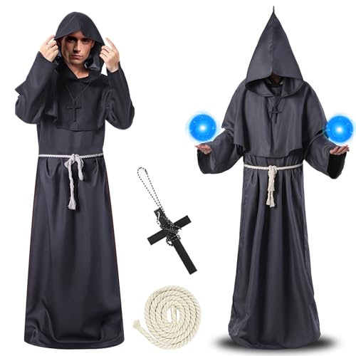 Herspany Priester Kostüm,Mönchskostüme Robe,Herren Kapuze Mönch Robe Priester Kostüm,Mönch Robe mit Halskette Und Gürtel, Halloween-Kostüme für Cosplay,Erwachsene, Maskerade,Karneval von Herspany