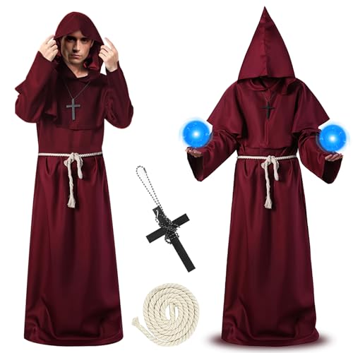 Herspany Priester Kostüm,Mönchskostüme Robe,Herren Kapuze Mönch Robe Priester Kostüm,Mönch Robe mit Halskette Und Gürtel, Halloween-Kostüme für Cosplay,Erwachsene, Maskerade,Karneval von Herspany