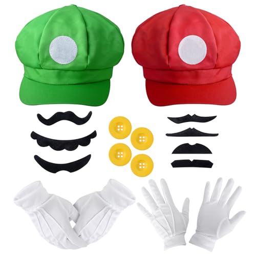 Herton Mario Bros Mütze rot und grün Hut Kappen Schnurrbärte Handschuhe Knöpfe Hosenträger Mario and Luigi Karneval Fasching Party Verkleidung Karneval Cosplay Kostüm für Erwachsene Kinder von Herton