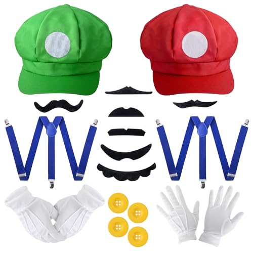 Herton Super Bros Mütze rot und grün Hut für Erwachsene Kappen Schnurrbärte Handschuhe Knöpfe Hosenträger Karneval Fasching Party Verkleidung Karneval Cosplay Kostüm für Erwachsene Kinder von Herton