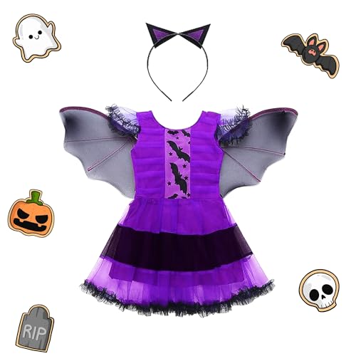 Heryamess Lila Fledermausrock mit Flügel,Kostüm Bat Karneval Fasching Kleid Kinder,Kinder Fledermaus Kleid mit Haareif,Kinder Fledermaus Rock,Halloween Kostüm Mädchen Fledermaus von Heryamess