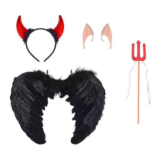 Teufel Kostüm Cosplay,Kostüm Engel,Engelsflügel Deko für Halloween Karneval Cosplay Party Fasching,mit 1 Teufelsstab,1 Teufelshorn und 1 Paar Ohren von Heryamess