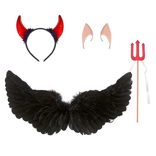 Teufel Kostüm Cosplay,Kostüm Engel,Engelsflügel Deko für Halloween Karneval Cosplay Party Fasching,mit 1 Teufelsstab,1 Teufelshorn und 1 Paar Ohren von Heryamess