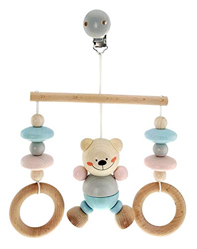 Hess Holzspielzeug 13517 - Minitrapez aus Holz, Serie Bär nature, für Babys, handgefertigt, ca. 17 x 12 x 5,5 cm groß, mit Clip zum Aufhängen am Bett, Kinderwagen oder der Babyschale von Hess