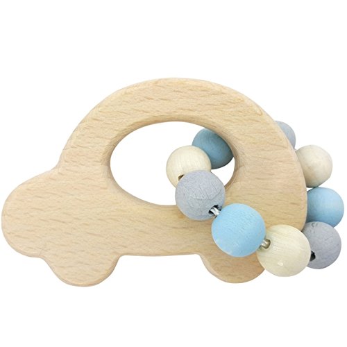 Hess Holzspielzeug 11114 - Greifling aus Holz mit kleiner Kugelkette, Nature Serie Auto in Blau, für Babys ab 6 Monaten, handgefertigt, für Greifübungen von Hess