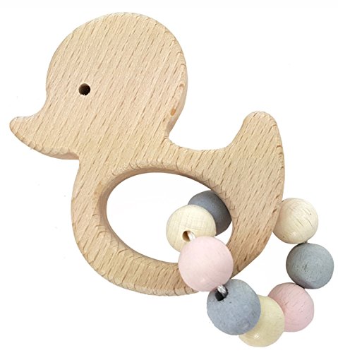 Hess Holzspielzeug 11111 - Greifling aus Holz mit kleiner Kugelkette, Nature Serie Ente in Rosa, für Babys ab 6 Monaten, handgefertigt, für Greifübungen und fröhlichen Spielspaß von Hess