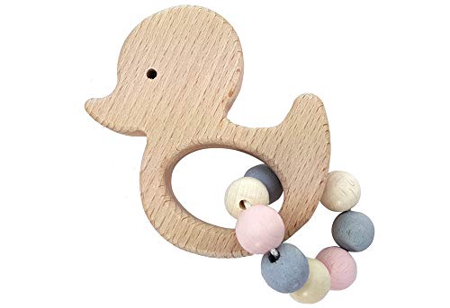 Hess Holzspielzeug 11111 - Greifling aus Holz mit kleiner Kugelkette, Nature Serie Ente in Rosa, für Babys ab 6 Monaten, handgefertigt, für Greifübungen und fröhlichen Spielspaß von Hess