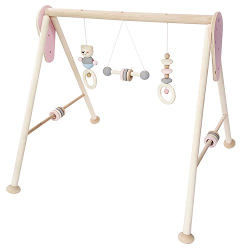 Hess Holzspielzeug 13382 - Spielgerät aus Holz, Serie Bär, für Babys, handgefertigter Spielbogen mit Figuren und Rasseln, nature rosa, ca. 60 x 58 x 55 cm von Hess