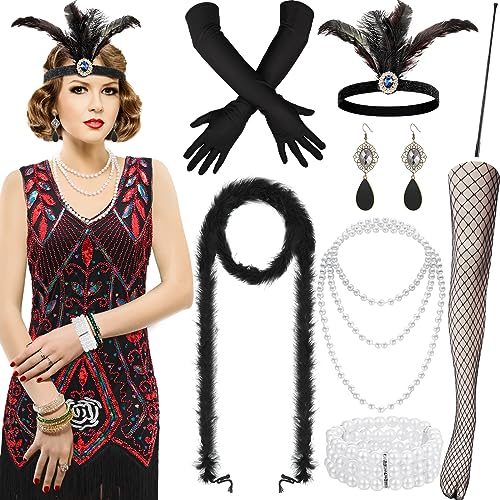 Hestya 1920er Flapper Kleid Damen Kostüm Halloween Vintage Pailletten Fransen mit 20er Accessoires Set (Rot, XXL) von Hestya