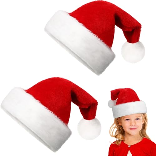 Hestya 2 Weihnachtsmützen Nikolausmütze für Kinder Jungen Mädchen Plüsch Weihnachtsmann Mütze Verdickte Bequeme Weihnachtshut aus Samt Weiche Weihnachtsfeiertagshut für Weihnachten Neujahr(Rot) von Hestya