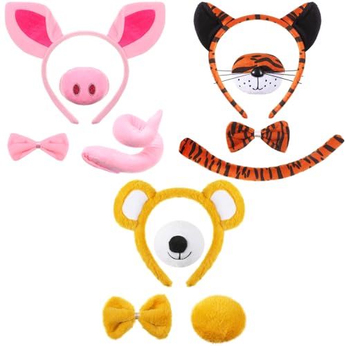 Hestya 3 Sets Tier Kostüm Zubehör Rosa Schwein Gelb Tiger Bär Ohren Stirnband Fliege und Schwanz Tierkostüm Set Cosplay Party Accessoires für Erwachsene Kinder Karneval Verkleidung von Hestya