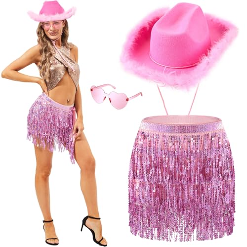 Hestya 3 Stück Cowgirl Kostüm Accessoires Rosa Cowboy Hut mit Federn Pailletten Quasten Rock und Herz Partybrille Glitzer Cowgirl Outfit für Karneval Western Party Bauchtanz von Hestya