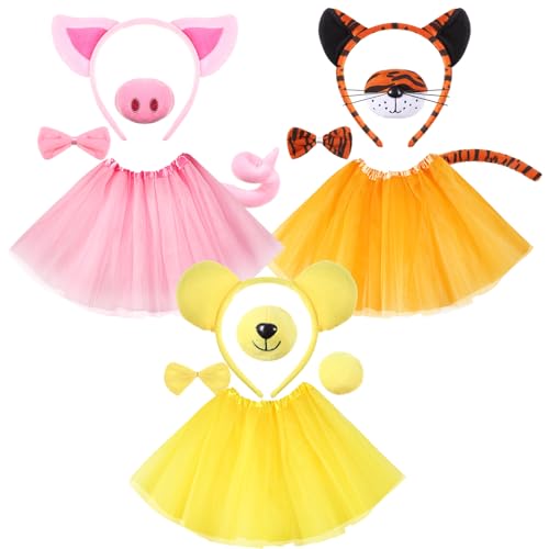 Hestya 3er Set Tier Kostüm Zubehör Rosa Schwein Gelb Tiger Bären Verkleidung Outfit Ohren Haarreif Fliege Schwanz Tutu Tierkostüm Set für Kinder Erwachsene Karneval Halloween Cosplay Thema Party von Hestya