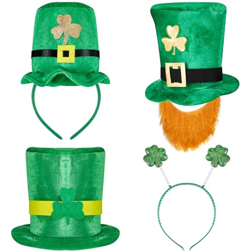 Hestya 4 Stück Irische St. Patrick Tag Kostüm Accessoires 2 Kobold Kostüm Bärte Samt Kleeblatt Muster Hut 2 Grüne Neuheit Bopper Mützen Kleeblatt Haarband für Erwachsene Parade Irland Party Geschenk von Hestya