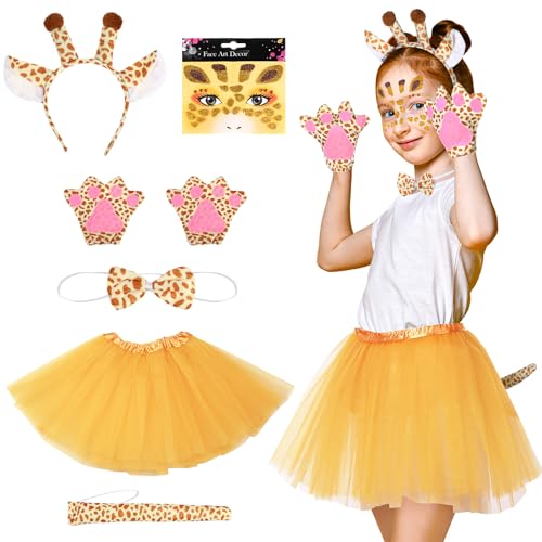 Hestya 6 Stück Giraffe Kostüm Set für Kleinkinder von 2 bis 8 Jahren Giraffenohren Haarreif Krawatte Giraffenschwanz Tutu Rock Handschuhe Gesichtsaufkleber für Karneval Cosplay Rollenspiel von Hestya