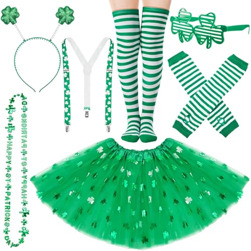 Hestya 7 Stück St. Patricks Tag Accessoires Set Klee Tutu Rock Gestreifte Kniestrümpfe Grüne Arm Manschette Kleeblatt Stirnband Party Brille Hosenträger Perlenkette für Erwachsene Parade Verkleidung von Hestya