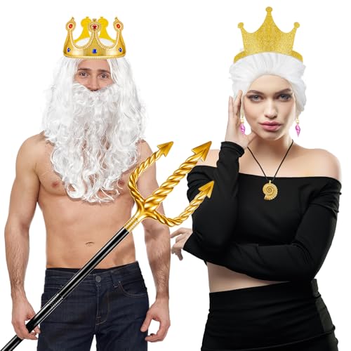 Hestya 8 Stück Halloween König Neptun Kostüm Accessoires Unterwasserwelt Hexe Oktopus Cosplay Zubehör für Paar mit Muschelkette Weiße Perücke und Bart Set Goldener Dreizack und Königskrone Karneval von Hestya