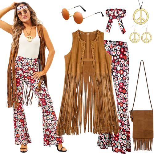 Hestya Frauen Hippie Kostüm Set Fransen Weste Schlaghose Fransen Tasche Frieden Zeichen Halskette Ohrringe Stirnband Sonnenbrille Hippie Faschingskostüm für Halloween 60er 70er Jahre Mottoparty (L) von Hestya