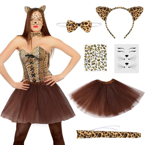 Hestya Leopard Kostüme Set Leopard Cosplay Accessoires Leoparden Tier Haarreif Krawatte Leopardenschwanz Tutu Rock Leoparden Gesichtsaufkleber für Geburtstag Zubehör Karneval von Hestya