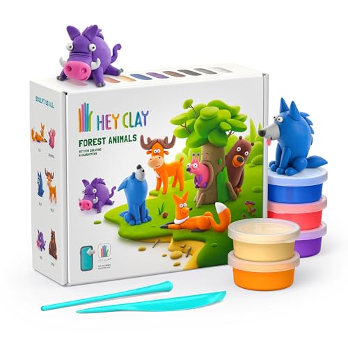 Hey Clay Forest Animals-Set – Bunte Modellier-Kinder – lufttrockenes Ton-Set 15 Dosen und Modellierwerkzeuge mit lustiger interaktiver Anleitung von Hey Clay